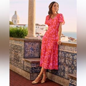Talbots Pink and Coral Floral V‑Neck Midi Dress